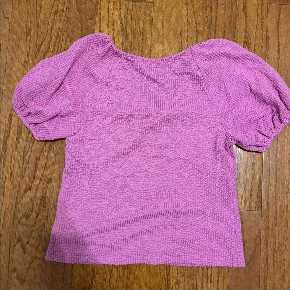 LOFT Pink Textured Puff Sleeve Top Size L Stretch Lightweight Material